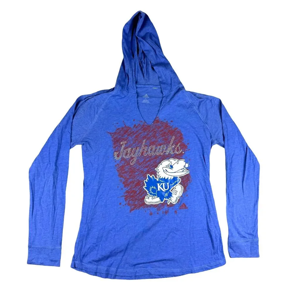 Kansas University Jayhawks Adidas Shirt Women's Large Blue Hooded Embellished